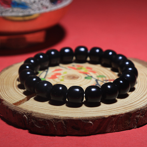 新疆和田玉墨玉河籽料老型珠手串男女单圈纯黑天然玉石直播手链