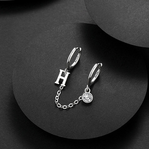 双耳洞耳环适合两个耳洞的耳饰h字母纯银单边流苏耳圈小众设计感