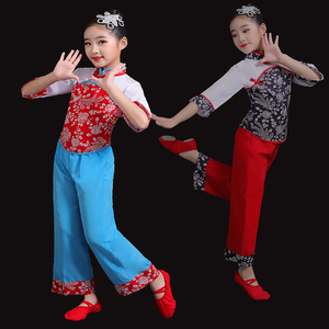 儿童秧歌舞蹈古典演出服女童村姑采茶女斗笠舞中国风民族表演服装