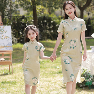 亲子旗袍母女装改良夏天复古中国风2024新款薄款中式唐装女童汉服