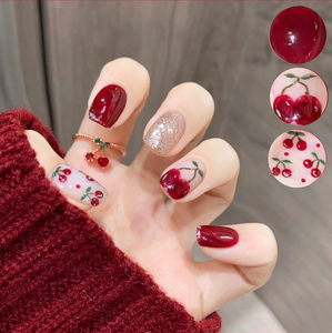 手绘小樱桃短款穿戴甲红色孕妇可用美甲贴片高级定制新年光疗甲片
