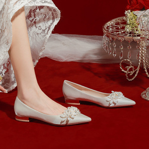 归艺平底婚鞋新娘鞋女禾秀婚纱两穿2024年新款白色低跟婚礼鞋孕妇