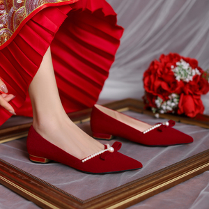 归艺秀禾服婚鞋女红色平底中式新娘鞋禾秀婚纱两穿2024年新款单鞋
