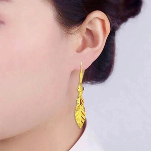 黄金耳环999足金叶子耳饰3d硬金实心时尚耳坠24k纯金树叶耳圈女
