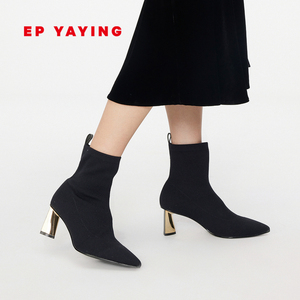 ep yaying雅莹女鞋 黑色金属系异型跟尖头袜靴 2021秋冬新款x505a