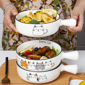 陶瓷单柄碗家用餐具可爱烘焙烤碗日式手柄碗带盖焗饭碗单个沙拉碗