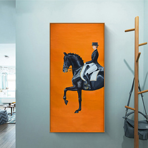 橙色美式玄关过道壁画走廊女竖版装饰画法式墙画骑士轻奢马术挂画