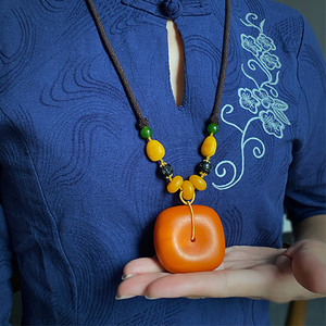 原创蜜蜡平安扣吊坠原石琥珀老蜡方形藏扣挂坠男女款民族风毛衣链