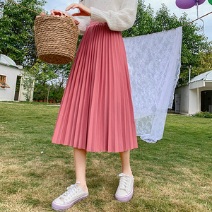 复古粉色大摆中长裙女早春新款百褶半身裙jk裙高腰西装裙遮胯伞裙