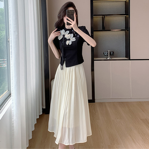 新中式国风套装女夏季旗袍改良设计感花朵拼接上衣半身纱裙两件套