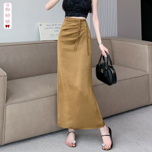 新中式国风盘扣半身裙女夏褶皱高腰开叉一步裙到脚踝缎面包臀长裙