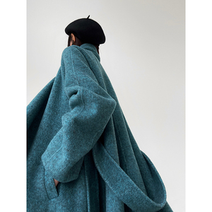 Aconiconi｜蓝屿海湾 羊毛长大衣蓝色气质经典斗篷冬季双面呢外套