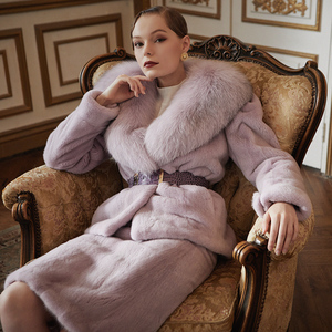 紫貂皮草水貂女套装2021冬中长款系带时尚整貂v领貂皮外套半身裙