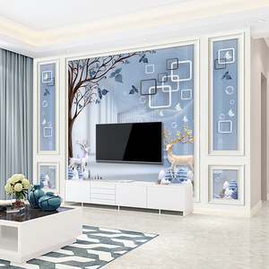 现代简约背景墙壁纸客厅家用大气墙纸3D立体装饰壁画麋鹿自带边框