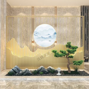 定制铁艺不锈钢假山屏风隔断酒店别墅大堂户外客厅玄关山水背景墙