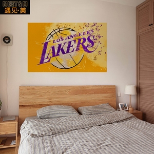 湖人队徽墙纸nba篮球彩绘风格壁纸宿舍衣柜课桌贴纸自粘壁画定制