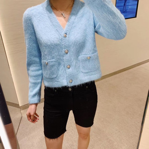 法国代购chanel香奈儿女款开衫浅蓝色针织开衫马海毛毛衣