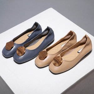 欧洲站女鞋2021秋夏新款欧货真皮圆头平底鞋圆扣浅口舒适平跟单鞋
