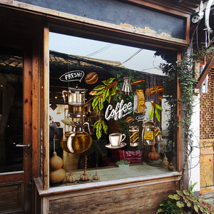 彩色咖啡店装饰贴膜双面色彩uv醒目无胶咖啡馆橱窗美化静电玻璃贴