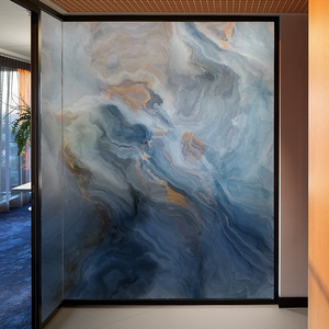 定制静电磨砂办公室玻璃贴膜新中式山水画公司艺术贴纸透光不透明