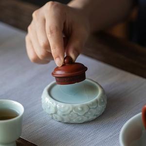 湖田窑影青釉手工浮雕盖置雕刻杯垫杯托茶托茶道配件盖托茶具配件