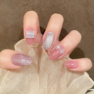 粉色晶石猫眼美甲成品指甲贴片中长款穿戴甲片防水可拆卸美甲贴片