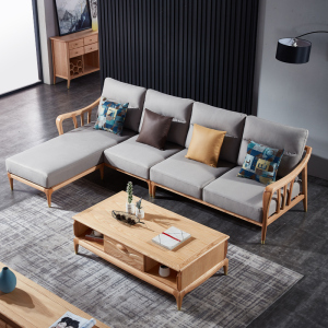 北欧实木布艺沙发现代简约小户型转角贵妃原木色白蜡木客厅长椅子