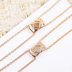 小香风coco菱格纹菱形双层项链无钻镶钻纯银18k玫瑰金网红锁骨链