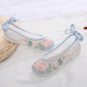 老北京汉服鞋女童圆头网纱新款高跟增高夏季小女孩古风唐制绣花鞋