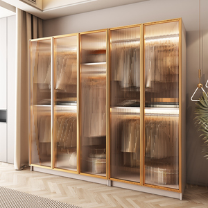全挂式衣柜家用卧室北欧轻奢高级感玻璃门挂式实木挂衣六门柜成品