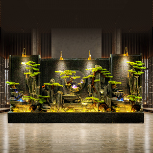 大型水幕墙流水办公室内玄关酒店会所鱼池喷泉假山公司流水墙景观