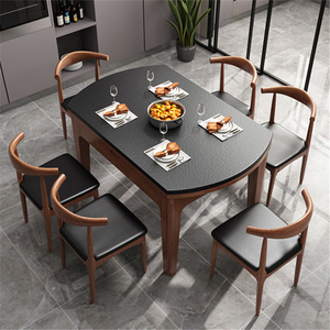 北欧饭桌简约现代火烧石餐桌6人桌椅组合可伸缩折叠跳台方圆两用