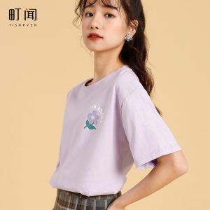 网红日系纯棉紫色短袖T恤女装夏季2024新款宽松ins学生小清新上衣