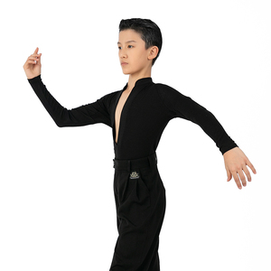 东鑫舞服 深v领修身纯色长袖上衣男童 拉丁舞练习服可艺考冬