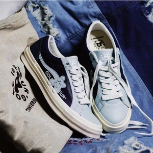 匡威涂鸦golf小花皮面蓝色低帮板鞋印花鞋底帆布鞋男鞋女鞋情侣款