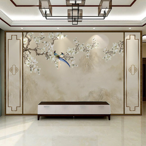 中式电视背景墙壁纸自粘沙发造型古典工笔花鸟贴画书房影视墙壁布