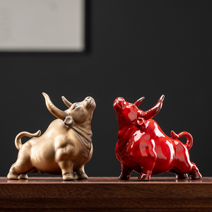 创意陶瓷红色牛摆件家居客厅招财装饰品吉祥物生肖牛年礼品摆设