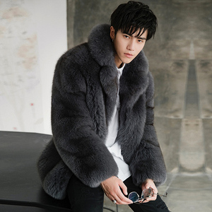 gg冬款狐狸毛貂皮外套男士皮毛一体中长款貂皮大衣仿皮草大毛领