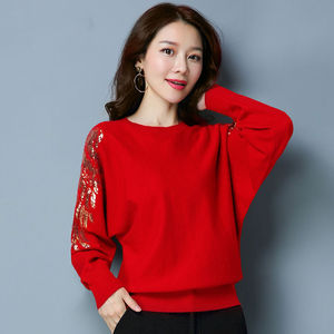 红色篇幅衫女2024秋装新款韩版宽松扁蝠袖遮肚洋气针织打底蝙蝠衫