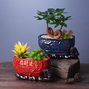 招财进宝花盆户外客厅阳台装饰发财树花盆陶瓷创意个性复古带托盘