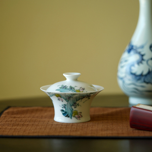 四夕窑景德镇玉泥薄胎手绘釉下五彩芭蕉花鸟两才盖碗中式陶瓷茶具