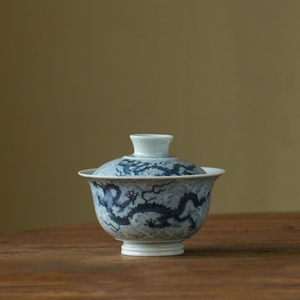 四夕窑景德镇纯手工纯手绘青花海水龙盖碗陶瓷茶具