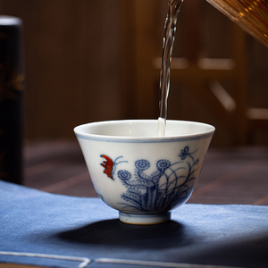 四夕窑仿古原款青花斗彩蝶恋花三秋杯全手工景德镇陶瓷主人杯茶具