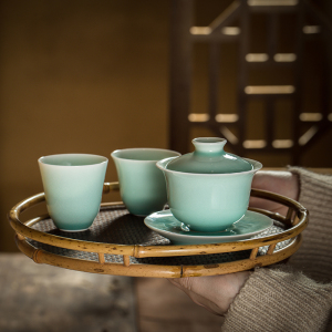 四夕窑纯手工陶瓷影青原矿高温单色釉盖碗茶杯景德镇中式功夫茶具