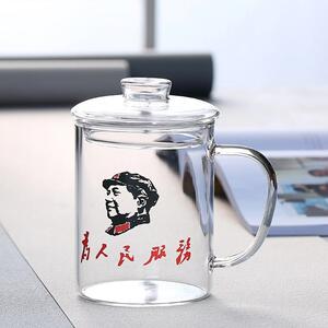 波璃茶杯复古印花透明耐热玻璃带盖大容量1000ml大号老干部带把