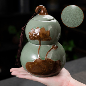 哥窑葫芦茶叶罐陶瓷罐可养开片家用普洱茶叶双层存储罐防潮密封罐