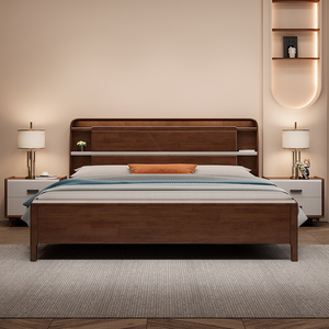 全实木床现代简约2米宽床头可储物北欧婚床2米x2米大床主卧双人床