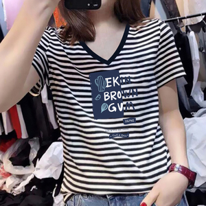 纯棉V领短袖t恤女2024夏季新款韩版修身显瘦条纹女士薄款减龄上衣
