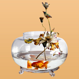 罗比罗丹珐琅彩荷塘月色玻璃创意轻奢鱼缸客厅电视柜桌面装饰摆件