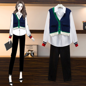 早春秋装搭配女装整套针织拼接衬衫两件套装网红炸街减龄时尚衣服